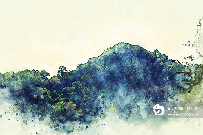 森林中抽象的山峰水彩画背景。