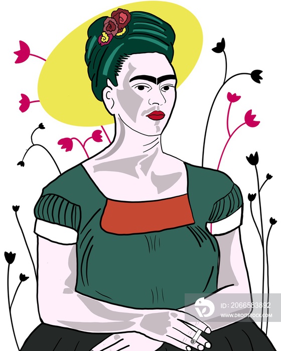 墨西哥土著妇女的艺术服装和花卉frida kahlo风格的插图