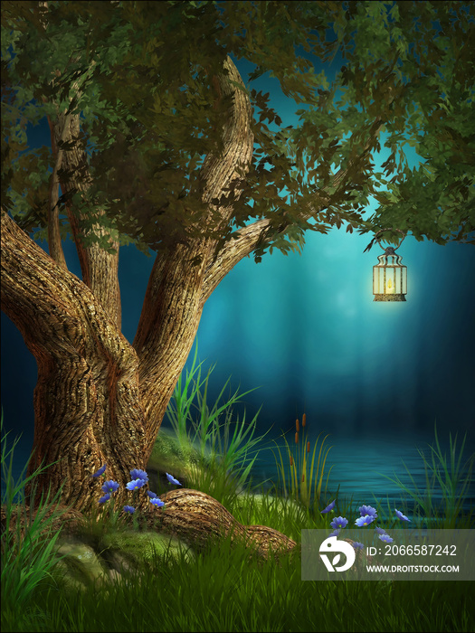 夜晚在湖边挂着灯光的树的3d插图幻想图形背景