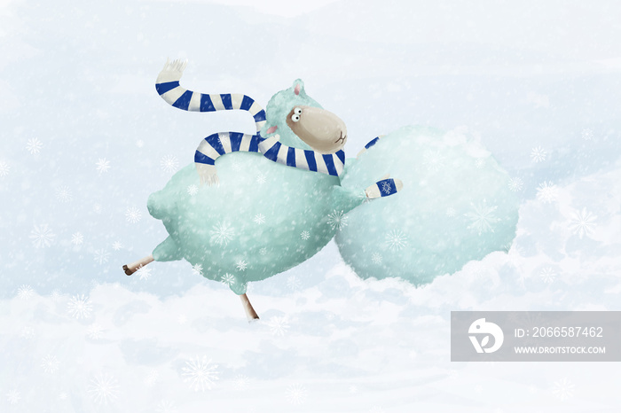 卡通绵羊堆雪人。关于户外冬季乐趣的积极冬季插图