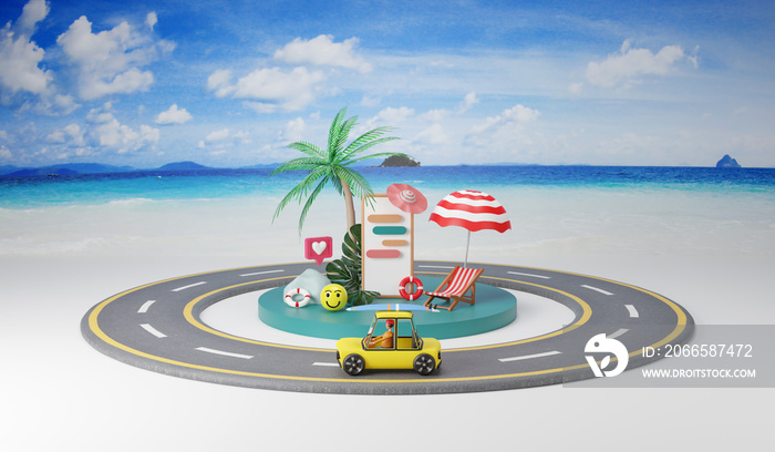 开车去海边避暑。旅行和旅游的概念，3D插图。