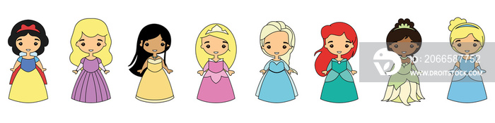 Set of princesses in beautiful dresses. Fairy-tale characters. Lovely young girls. Flat style. Vecto