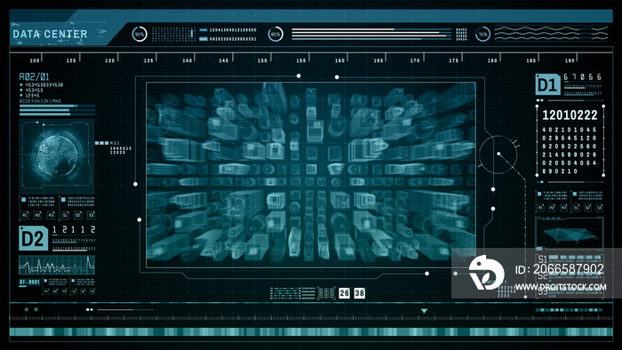 HUD未来主义全息扫描，智能城市技术互联网连接，技术数字数据