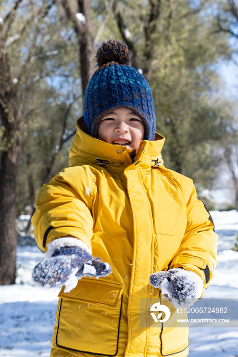 快乐的小男孩在雪地里玩耍