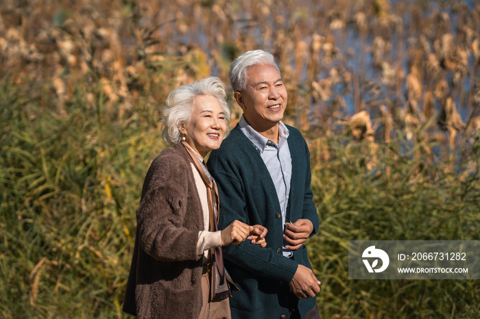 户外散步的幸福老年夫妇