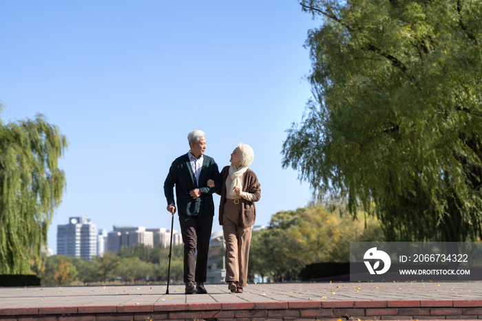 老年女人搀扶老伴在户外散步