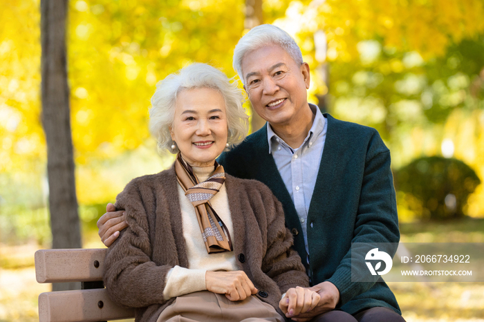 幸福的老年夫妇坐在长椅上