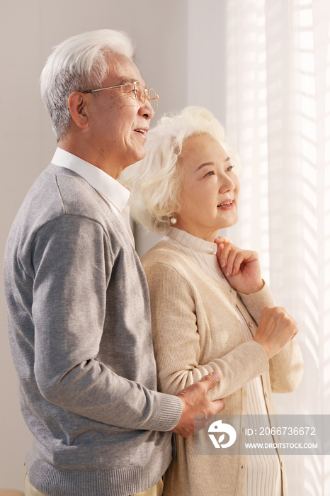 幸福的老年夫妇站在窗前