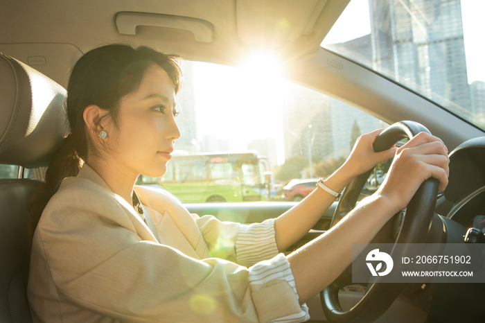 自信的青年女人开车