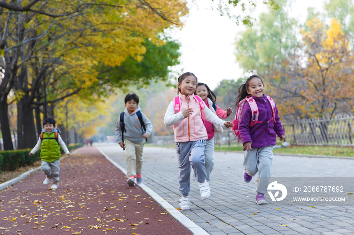 欢乐的小学生在户外奔跑