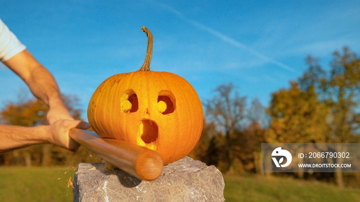 CLOSE UP: Halloween pumpkin with shocked face gets smashed with wooden bat