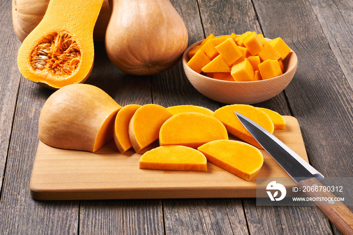 Butternut squash, cut into slices and ready for cooking.