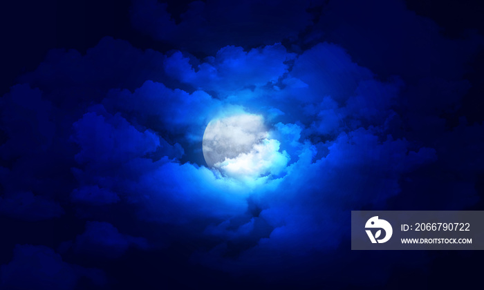 Full moon in the dark blue sky clouds. Panoramic view of moonlight Within the Cloudy Atmosphere. Sce