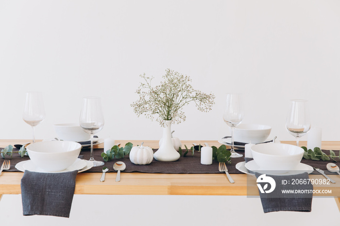 Thanksgiving table setting, tableware and decor, decoration, family holiday. Autumn mockup.