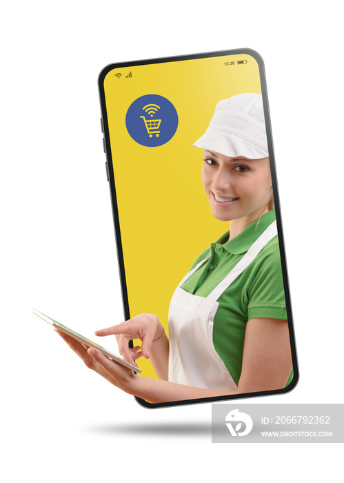 Professional supermarket clerk in a smartphone