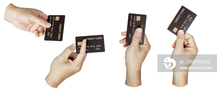 A set, group of male hand hold a credit card isolated on transparent background..