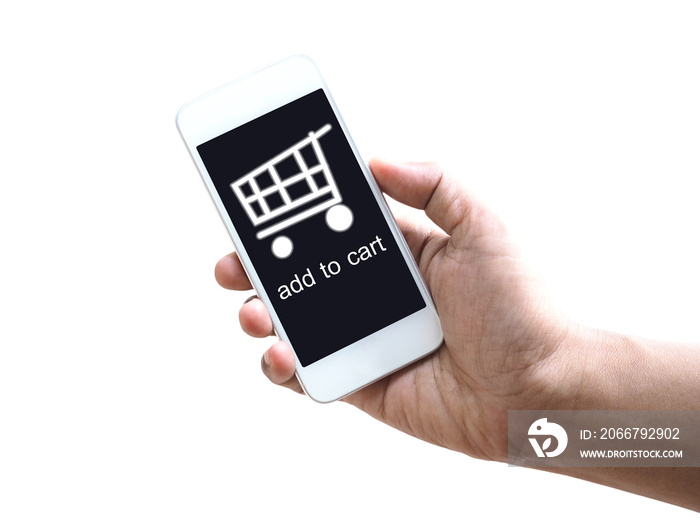 Hand holding mobile phone with cart symbol