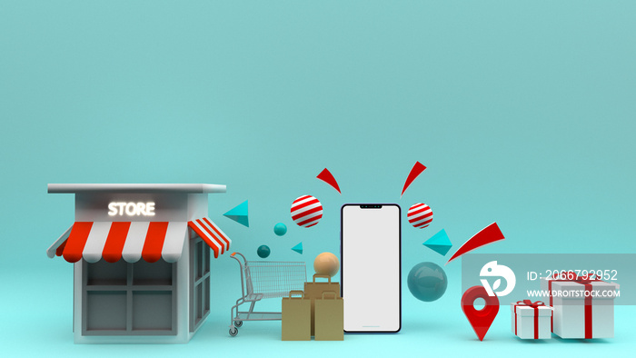 Smartphone surrounded by Shopping cart, shopping basket, shopping bag, clothes,cart ,store, and wall