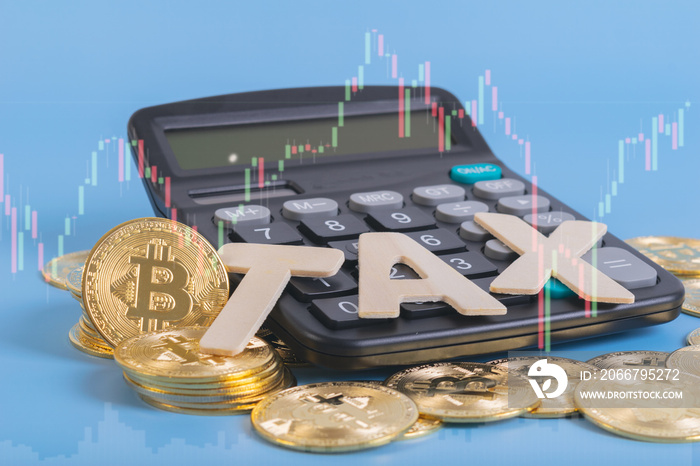 Tax BTC cryptocurrency with TAX wording in front of calculator on blue background