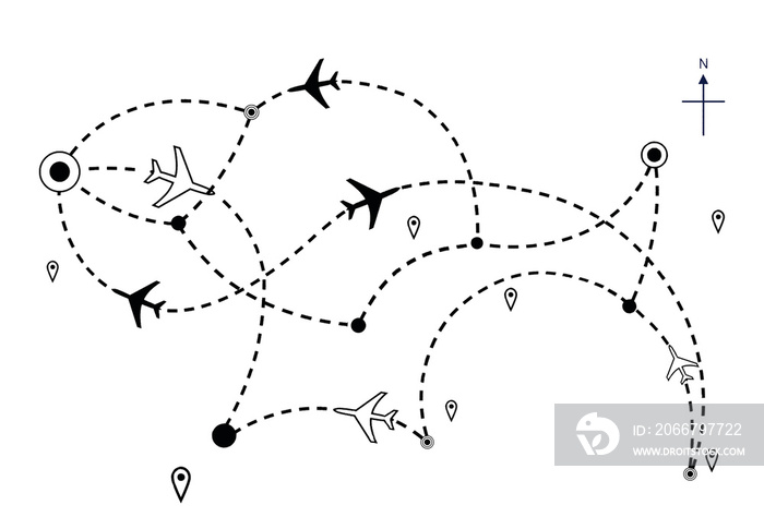 Airline Plane Flight Paths Travel Plans Map isolated , illustration