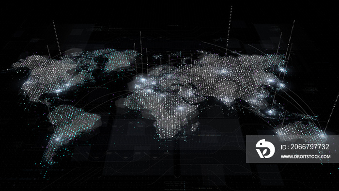 Futuristic global broadband internet communication between cities around the world with matrix parti