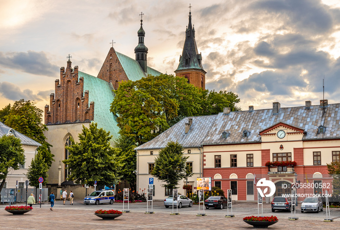 Panoramic view of Olkusz market square with St. Andrew Basilica in Beskidy mountain region of Lesser Poland