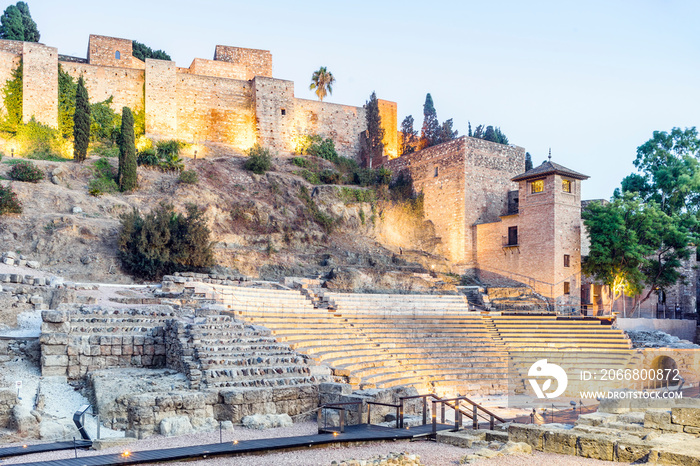 Roman theater and castle in Malaga, Andalusia, Spain