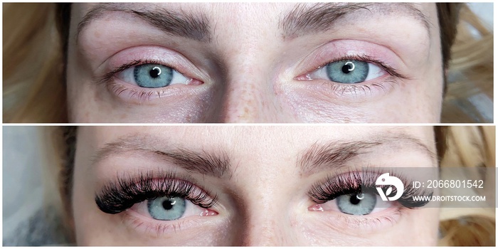 Woman’s blue eyes before and after lash extensions in beauty salon