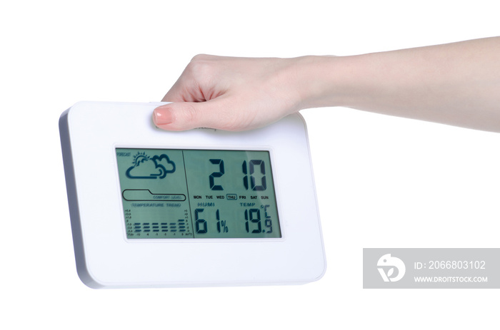 digital weather station in hand on white background isolation