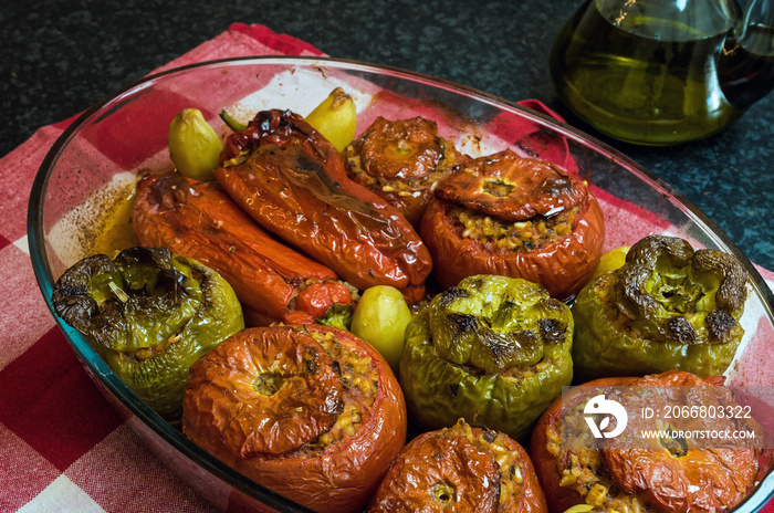 Stuffed tomatoes and peppers, a traditional plate in Greece