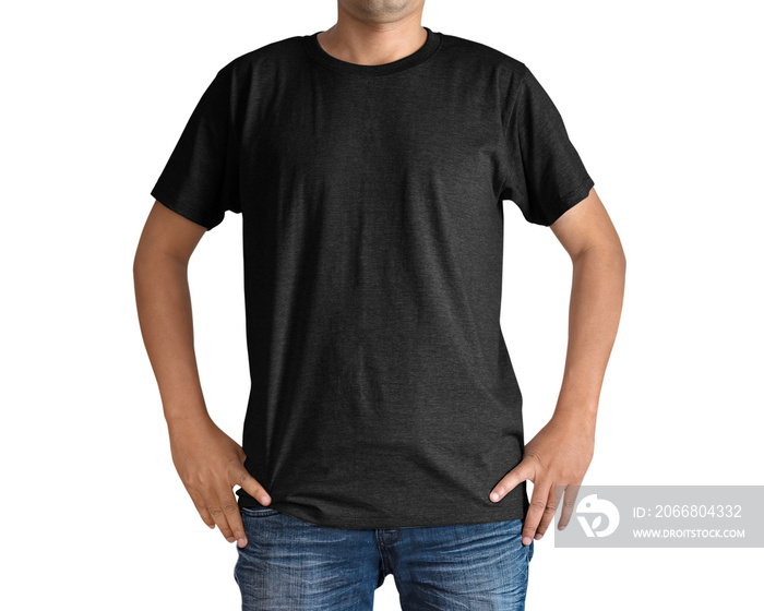 Man in a blue jeans and black T-shirt on white background