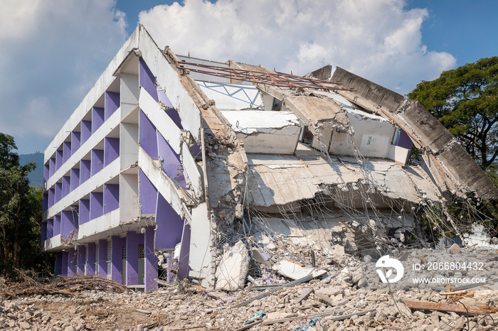 Debris and destroyed building that collapsed from the earthquake.