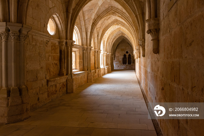 View of a side of the lower cloister of the Cistercian monastery,  Sta Maria of Huerta, Aragon, Spain