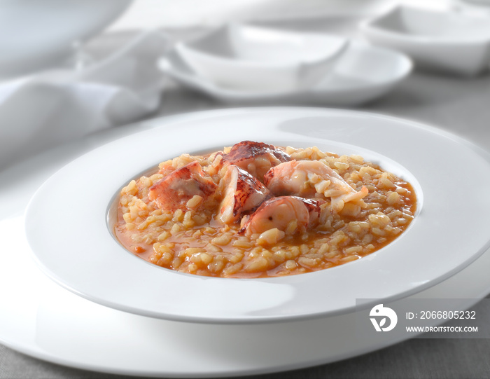 arroz caldoso con bogavante. Rice with lobster.