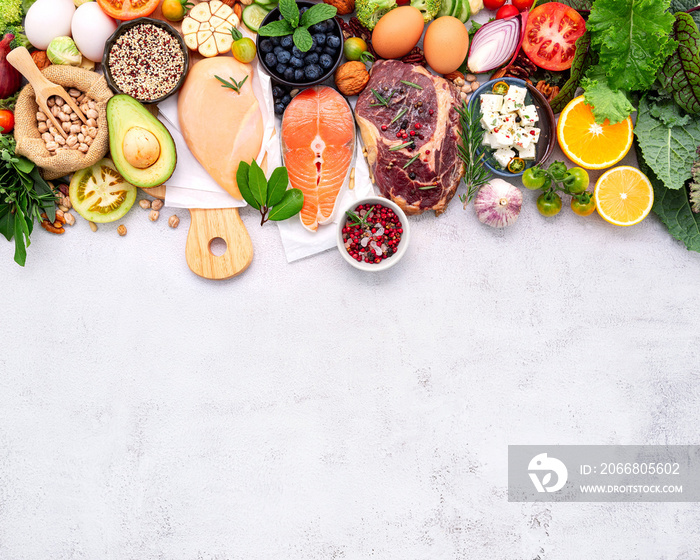 Ketogenic low carbs diet concept. Ingredients for healthy foods selection set up on white concrete background.