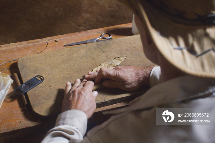 A cuban farmer making a cigar with this hands in Pinar del Rio, Cuba