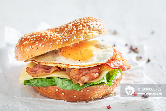 Delicious bagel with fried egg and bacon for quick lunch