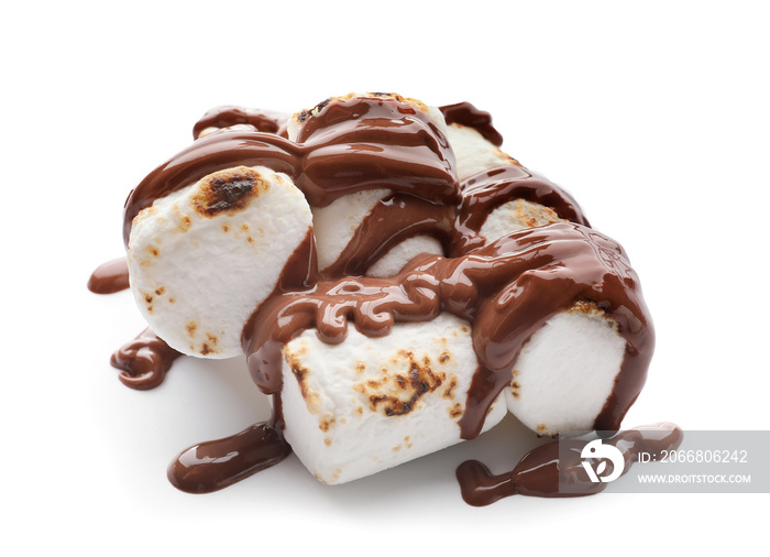 Tasty grilled marshmallows in chocolate on white background