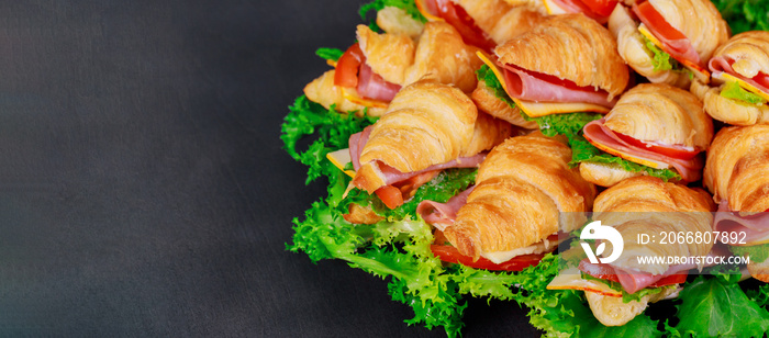 Croissant sandwich with salami on a green wooden background.