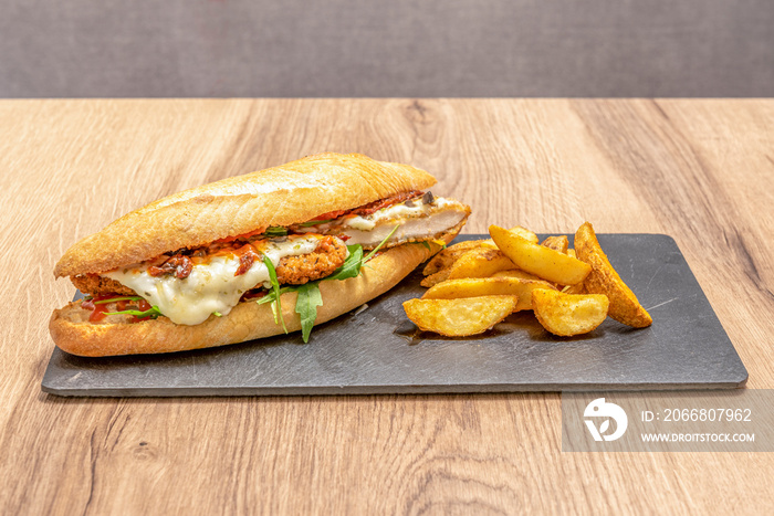 Fried breaded chicken sandwich with melted Parmesan cheese with tomato, arugula and fried potato garnish