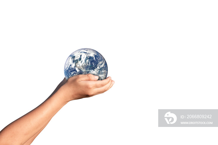 Earth, globe in hand isolated on white background. Elements of this image furnished by NASA