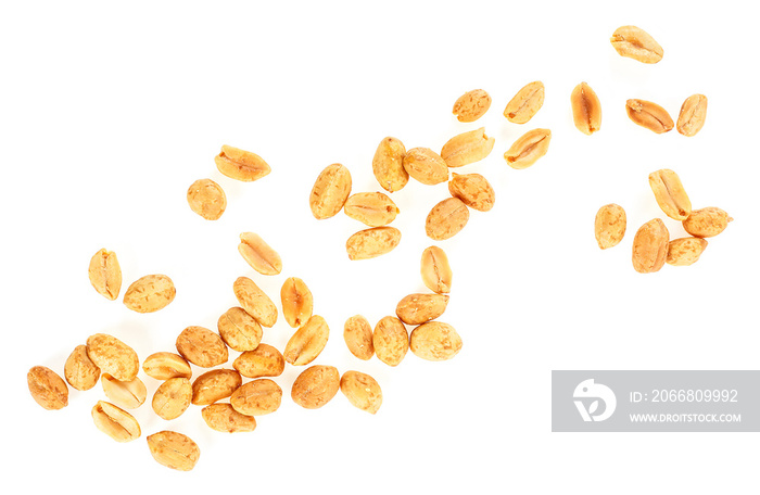 Salted roasted peanuts isolated on a white background, top view.