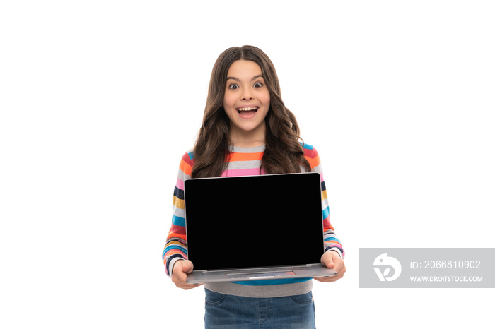 amazed teen girl study online education making presentation on computer copy space screen, school