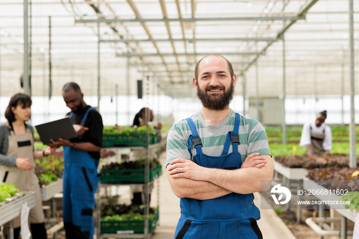 Portrait of farmer posing happy in organic crops and vegetables farm with engineers using laptop controlling hydroponic systems. Caucasian smiling man in greenhouse with salad crates for delivery.