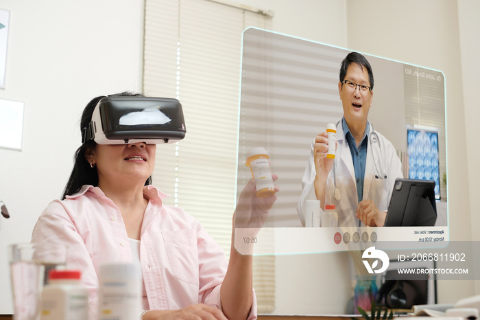 asian woman telemedicine doctor online visit with virtual reality technology vr glasses at home