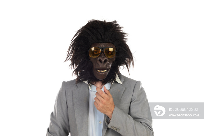 Businessman with gorilla head gesturing