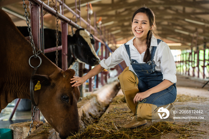 Portrait of Attractive Asian dairy farmer woman work outdoor in farm.