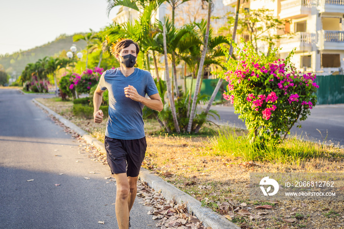 Runner wearing medical mask, Coronavirus pandemic Covid-19. Sport, Active life in quarantine surgical sterilizing face mask protection. Outdoor run on athletics track in Corona Outbreak. Keep your