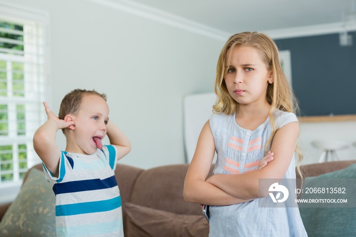 Brother teasing his sister while standing with arms crossed