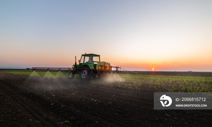 Tractor spraying pesticides at  soy bean field